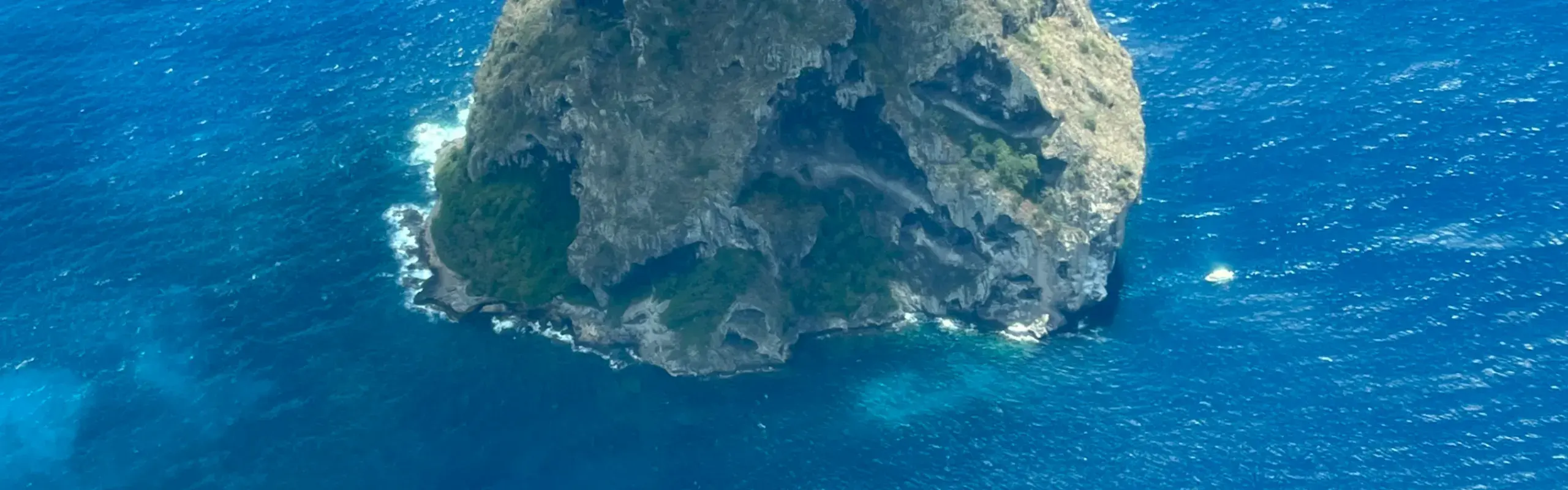 Rocher escarpé couvert de végétation au milieu d'une mer bleu profond, vu du ciel
