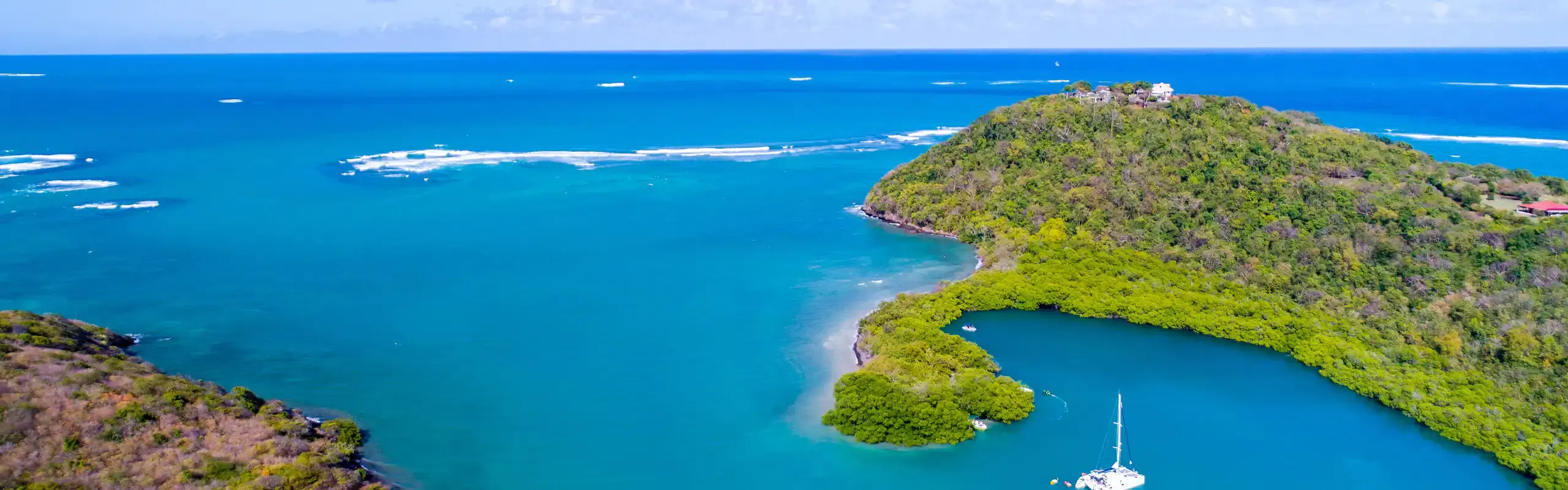 Îlet, frange de mangrove et récif de la côte atlantique de la Martinique vus du ciel